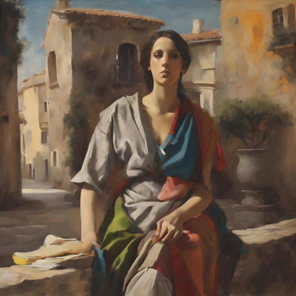 Γυναίκα σε έργο τέχνης με σύγχρονες και επιρροές από την κλασική ζωγραφική, σε σκηνικό ρεαλιστικό και δυναμικό περιβάλλον.