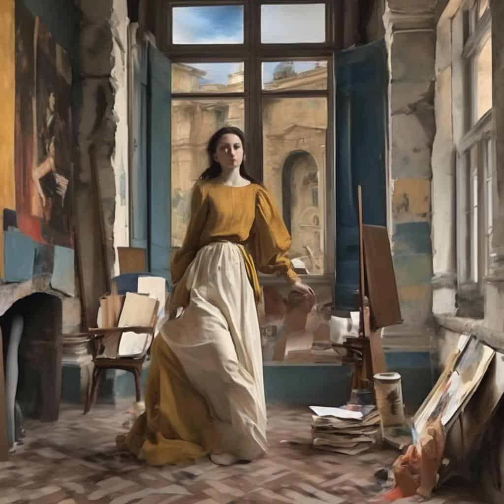 Ζωγραφική σύγχρονης τέχνης με έπιπλα και βιβλία σε καλλιτεχνικό στούντιο.