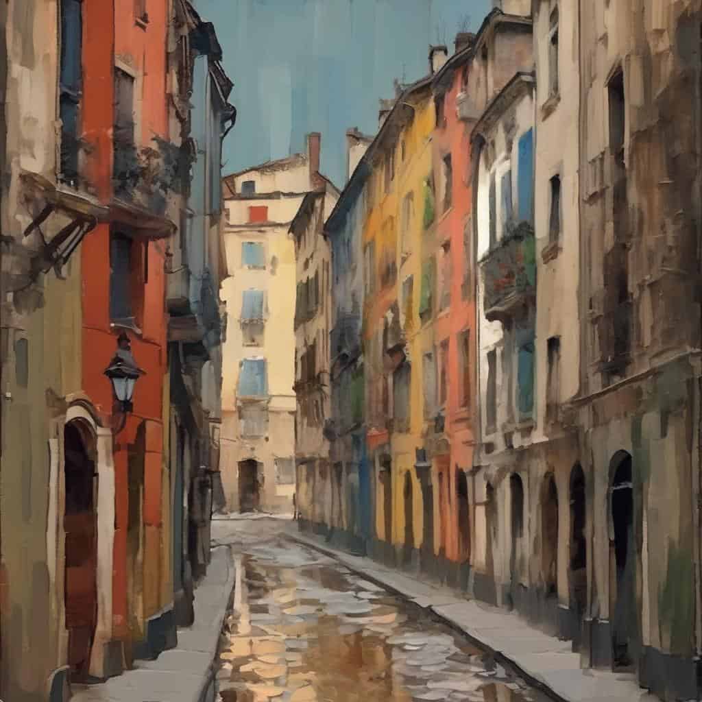 Γραφική αστική σκηνή με πολύχρωμα παλιά κτίρια σε μια ήσυχη δροσιά.