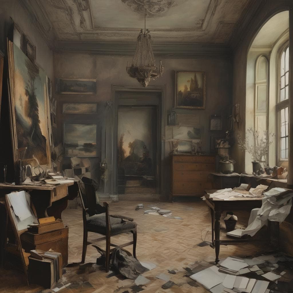 Χαλασμένο γραφείο με πεταμένα χαρτιά και ζωγραφικές, παλιά έπιπλα και παράθυρο με φυσικό φως, τέχνη σήμερα και επιρροές.