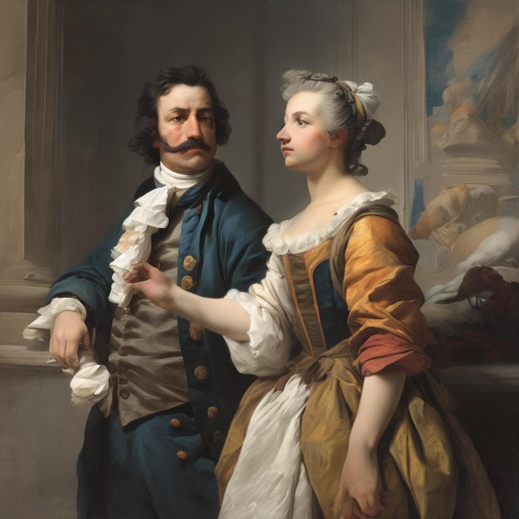 Ανδρας και γυναίκα σε κλασικό πορτρέτο, ζωγραφική εποχής με έντονες λεπτομέρειες και ομορφιά.